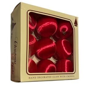 Christmas VTG Tree Ornaments (9) Red Satin Sheen Balls with Box (Not Original)
